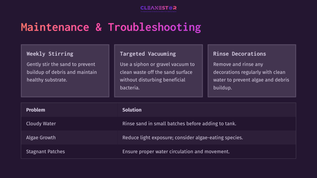 8 Maintenance And Troubleshooting Purple And Black Infographic Detailing Aquarium Maintenance Tips, Highlighting Weekly Stirring, Vacuuming, And Rinsing Decorations.