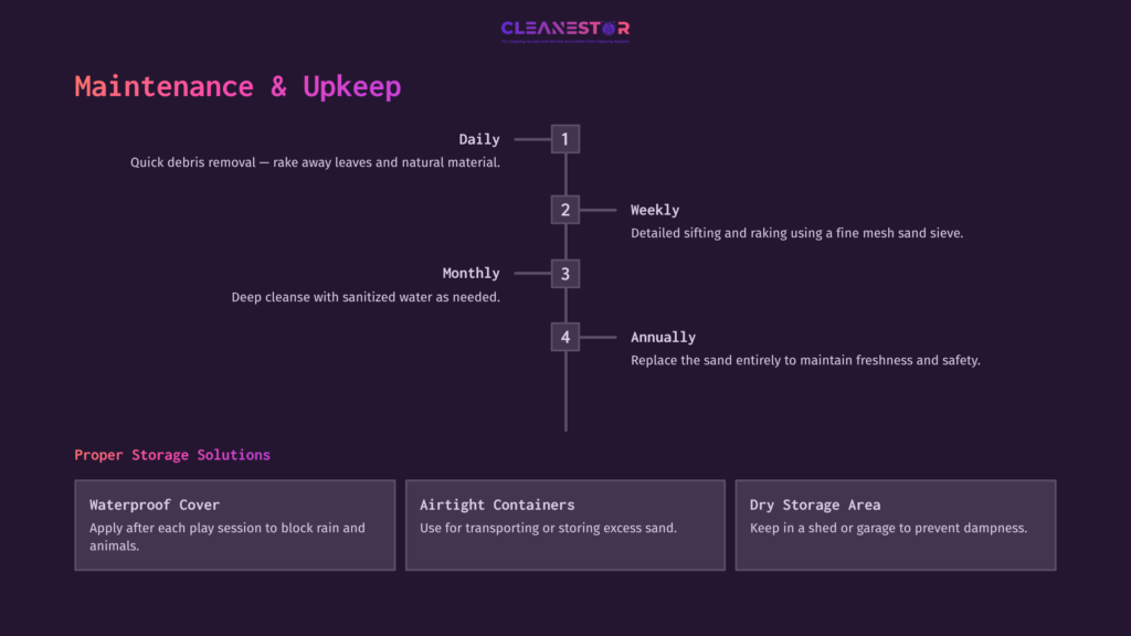 Flowchart Outlining Maintenance Steps For Cleaning Play Sand: Daily, Weekly, Monthly, And Annual Tasks, With Storage Solutions Visually Highlighted.