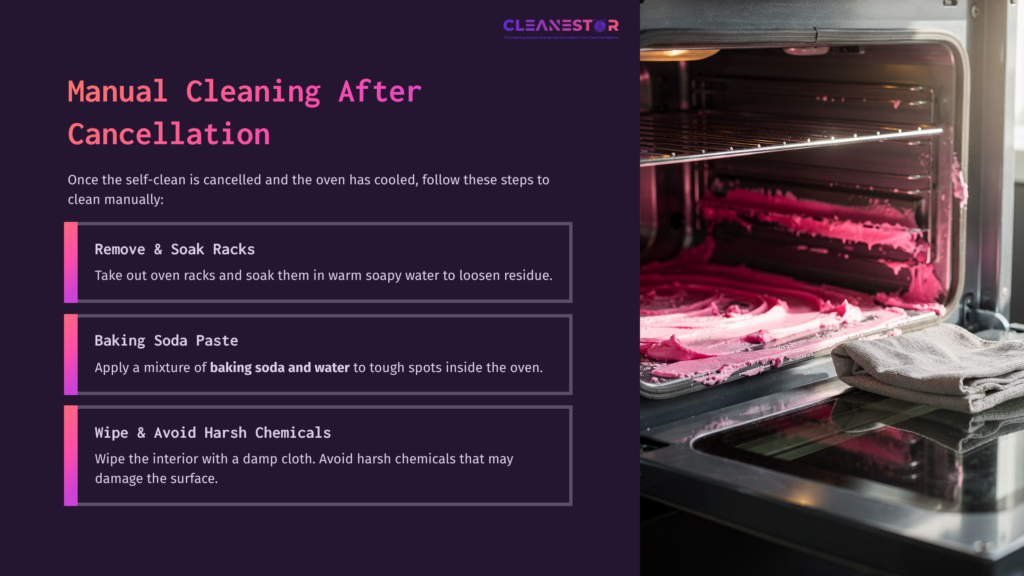 A Dark Purple Background With A Ge Oven Partially Open, Showing Pink Residue Inside. Instructions For Manual Cleaning Are Outlined In White And Light Blue.