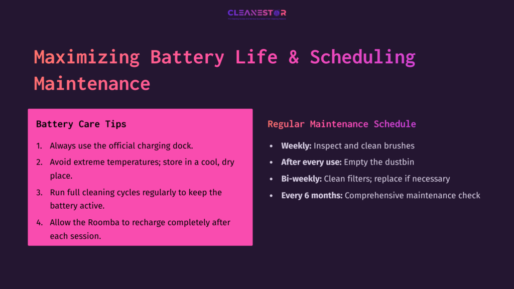 Purple And Pink Text On A Dark Background Outlines Tips For Maximizing Roomba Battery Life And Scheduling Maintenance Routines.