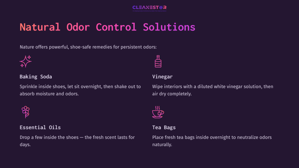 8 Natural Odor Control Solutions Text-Based Infographic Listing Natural Odor Control Solutions For Shoes, Including Baking Soda, Vinegar, And Tea Bags, On A Dark Purple Background.