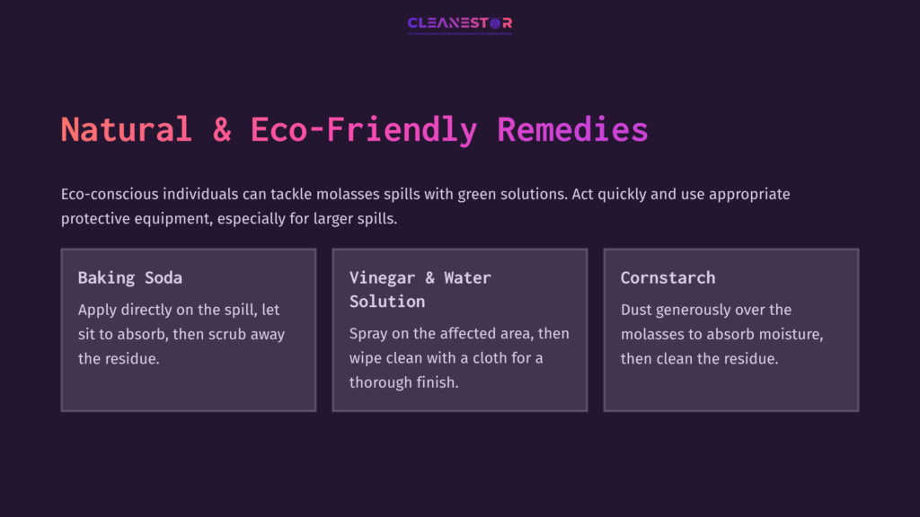 Purple Background With White And Pink Text. Lists Natural Remedies For Cleaning Molasses, Including Baking Soda, Vinegar, And Cornstarch.