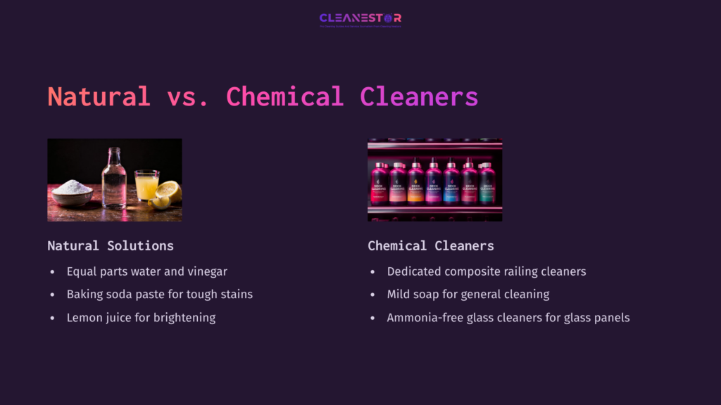 Left Side Shows Natural Cleaning Solutions With Lemons And Vinegar. Right Side Features Colorful Bottles Of Chemical Cleaners And Descriptions.