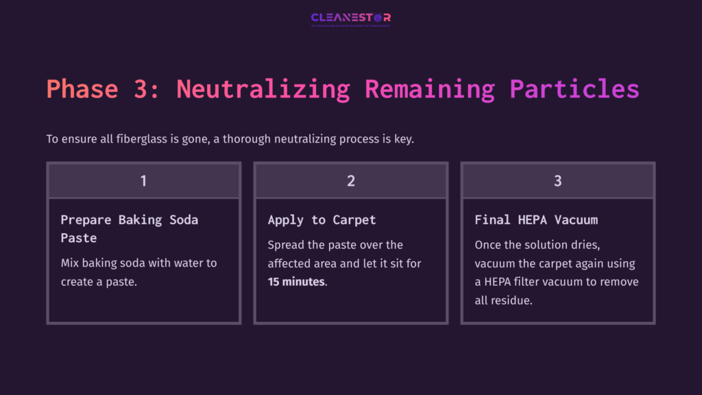 Step-By-Step Instructions For Cleaning Fiberglass From Carpet, Including Baking Soda Paste Application And Hepa Vacuuming.