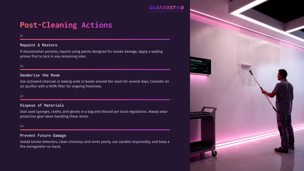 A Person Painting A Wall With A Roller In A Well-Lit, Modern Room Featuring Pink Ambient Lighting, With A Cleaning Cart Nearby.