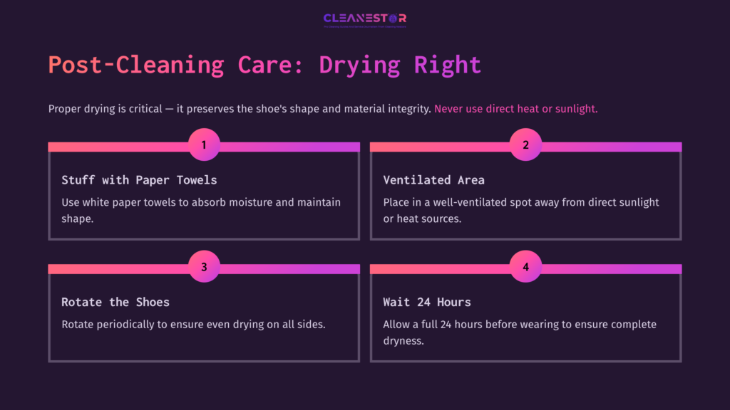 Graphic Outlining Post-Cleaning Care For White Nike Air Max 270. Features Four Steps: Using Paper Towels, Ventilation, Rotation, And Drying Time, With Icons And A Dark Background.