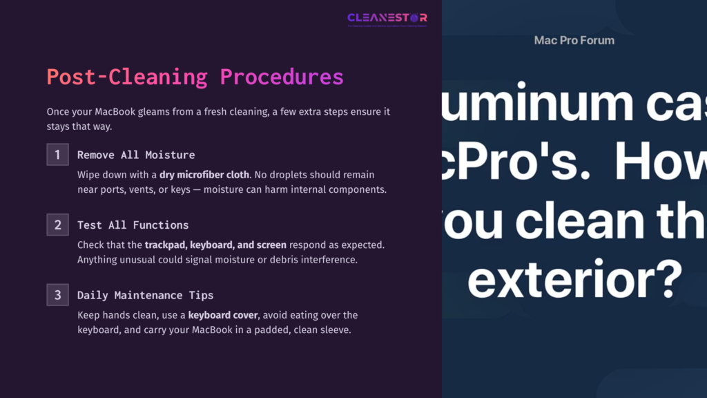 8 Post Cleaning Procedures 1 Text On A Dark Purple Background Outlines Cleaning Procedures For A Macbook, Emphasizing Moisture Avoidance And Maintenance Tips.