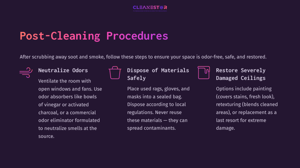 Text On A Purple Background Detailing Post-Cleaning Procedures: Removing Odors, Disposing Of Materials Safely, And Restoring Damaged Ceilings.