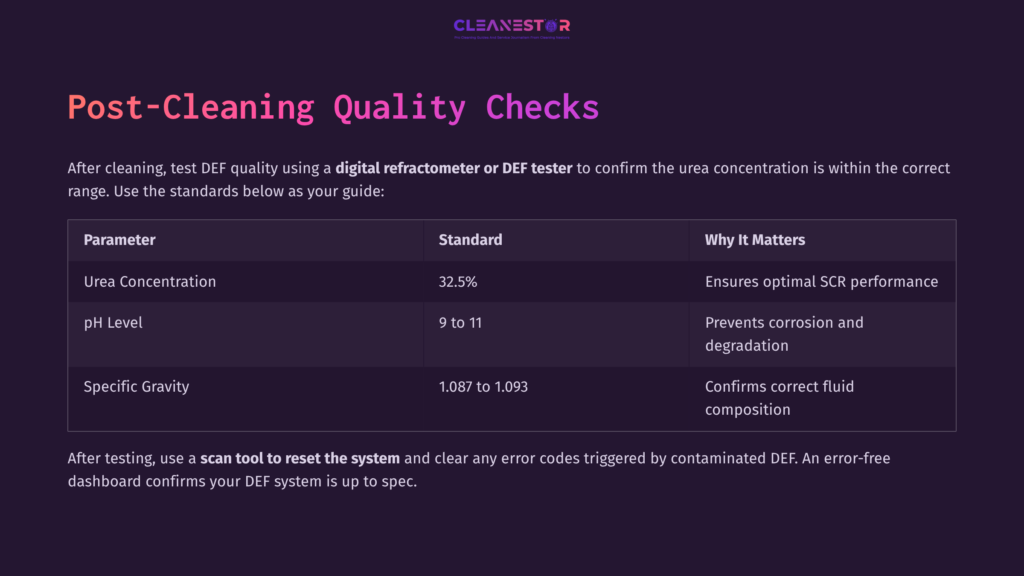 8 Post Cleaning Quality Checks Digital Refractometer And Def Tester On A Purple Background, With Text Detailing Post-Cleaning Quality Checks And Standards For Def.