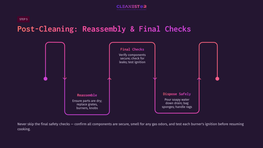 Flowchart Titled &Quot;Post-Cleaning: Reassembly &Amp; Final Checks&Quot; In Purple And Pink, Outlining Reassembly, Final Checks, And Safe Disposal Steps.