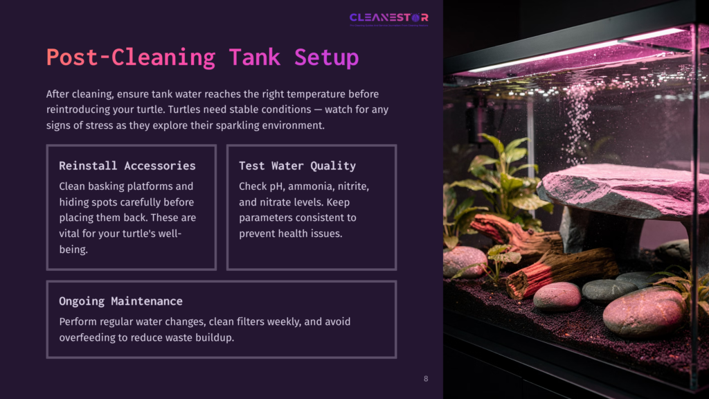 A Fish Tank With Clear Glass, Aquatic Plants, A Rock Base, And Purple Lighting. Text Outlines Tank Care Tips, With A Clean, Modern Design.