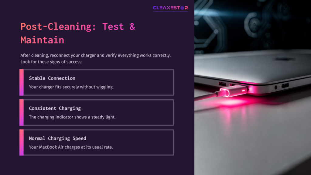 A Lit Macbook Air Charging Port With A Glowing Pink Connector, Next To A Checklist For Testing Charger Connection And Performance.