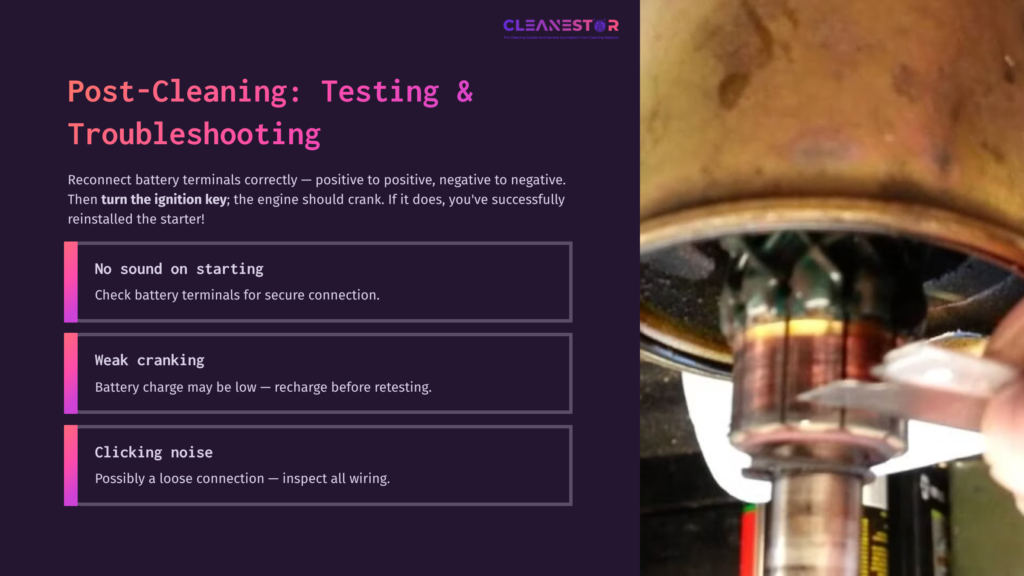 Close-Up View Of A Starter Motor With Wires And A Copper Terminal, Alongside Troubleshooting Tips In Purple And White Text.