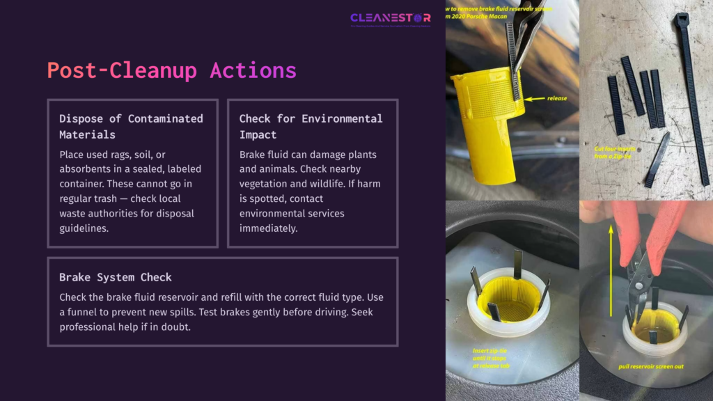 8 Post Cleanup Actions A Yellow Brake Fluid Reservoir Cap Next To A Brake Fluid Reservoir, With Text On Post-Cleanup Actions In Purple And White.