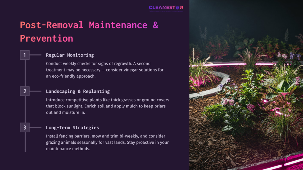 A Dark Background Highlights Text On Briar Maintenance, With Colorful Plants Lit By Pink And White Lights Illustrating Landscape Care Tips.