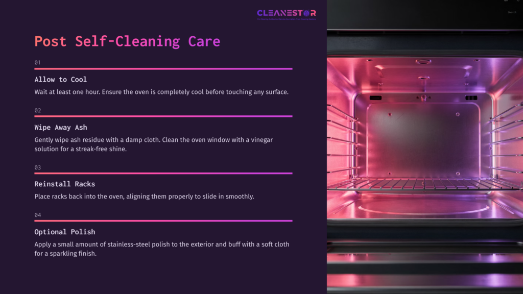 Post Self-Cleaning Care Instructions For A Ge Monogram Oven, Featuring A Brightly Lit Oven Interior And A Clear, Structured Layout.