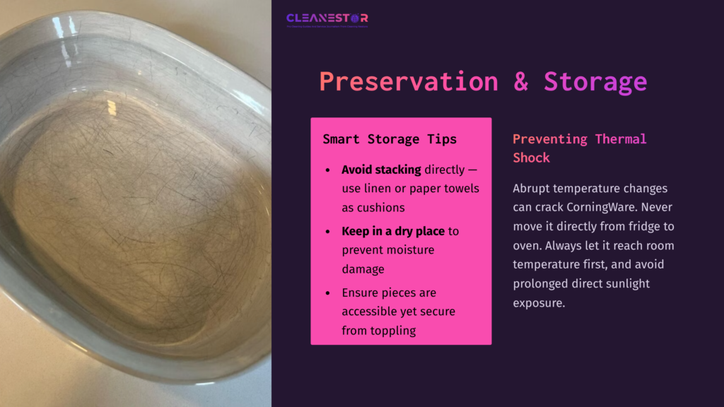A Corning Ware Dish With A Light-Colored Interior Sits On A Pink Background, Alongside Tips For Preservation And Storage.
