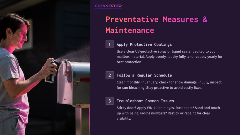 A Person Sprays A Mailbox With Protective Spray, With A List Of Maintenance Tips In Purple Text Alongside.