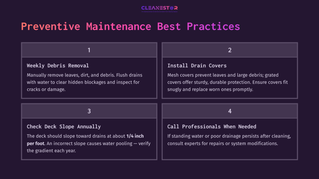 Four Neatly Arranged Boxes, Listing Preventive Maintenance Best Practices For Pool Deck Drains With Bold Headings And Purple Backgrounds.