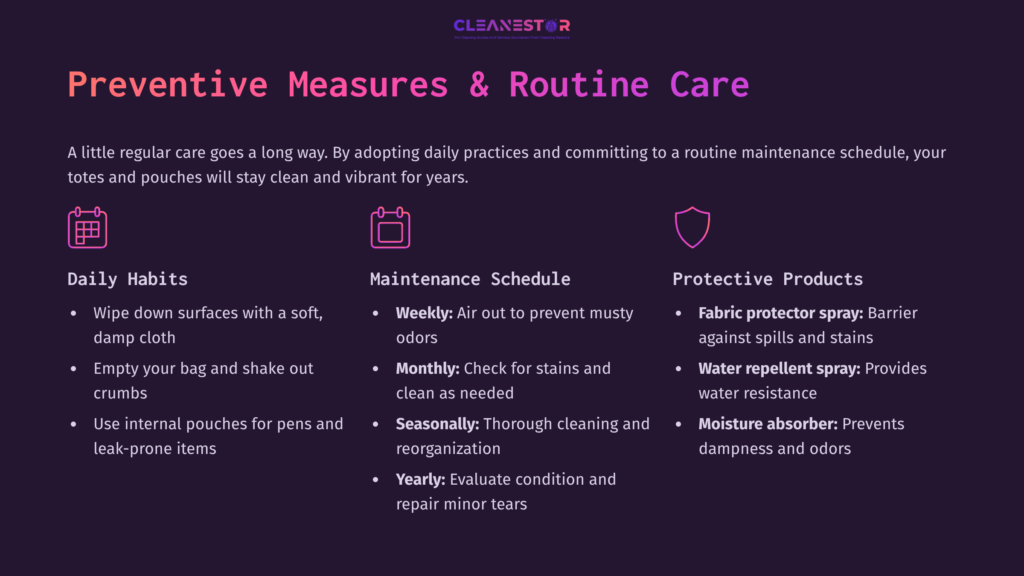 Infographic Featuring Tips For Cleaning Thirty-One Bags: Daily Habits, Maintenance Schedule, And Protective Products In Purple And White Text.