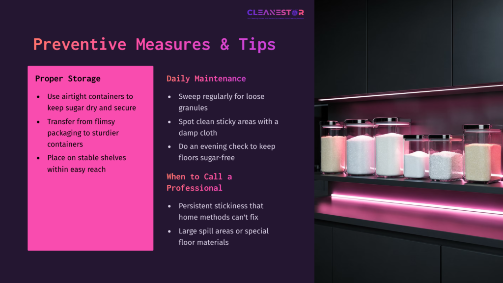 A Dark Kitchen With Pink Accents Displaying Jars Of Sugar And Tips For Cleaning, Including Proper Storage And Maintenance Advice.