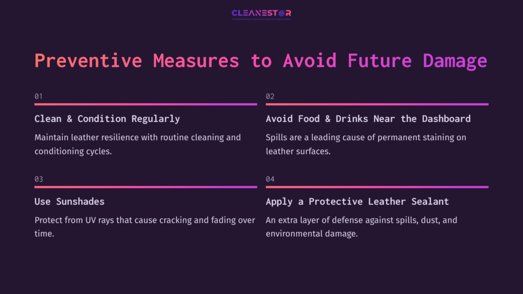 Purple Background With White And Pink Text Highlighting Tips On Maintaining A Leather Dashboard, Including Cleaning And Protective Measures.