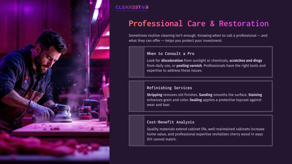 A Man Sanding A Cherry Wood Cabinet In A Workshop, Surrounded By Tools, With A Purple-Tinged Background And Text Boxes Outlining Care Advice.