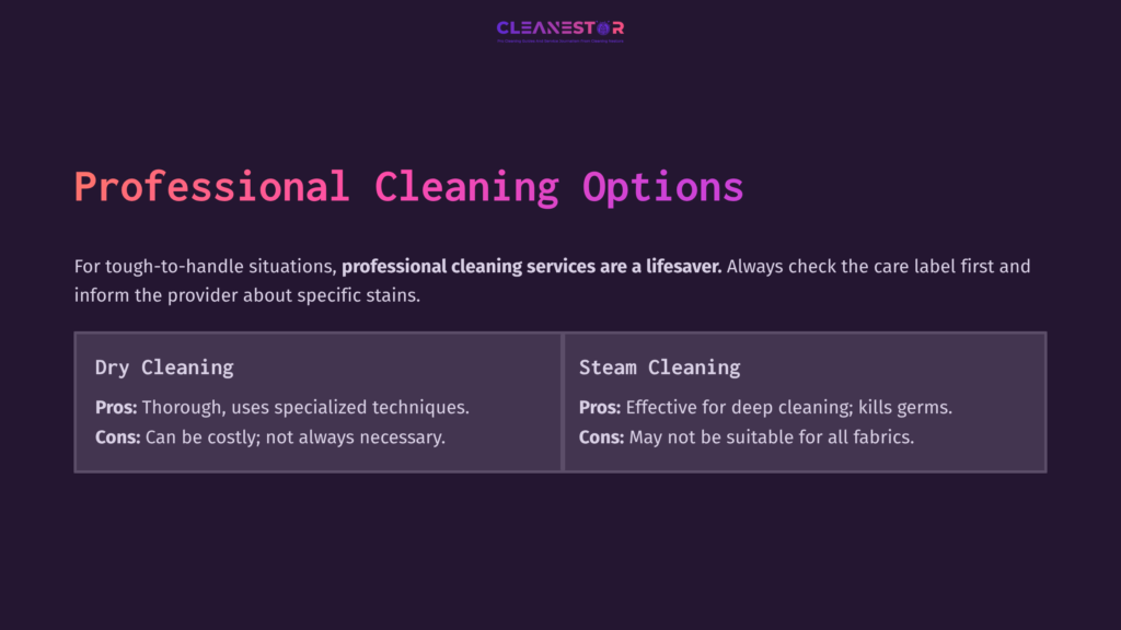 A Split Graphic Lists Cleaning Options: Dry Cleaning With Pros And Cons On The Left, And Steam Cleaning Details On The Right, On A Dark Background.
