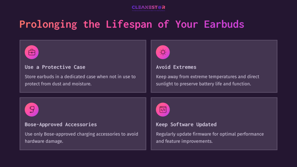 Four Informative Boxes On A Dark Purple Background, Detailing Tips For Maintaining Earbuds, With Vibrant Pink Headings And Icons.
