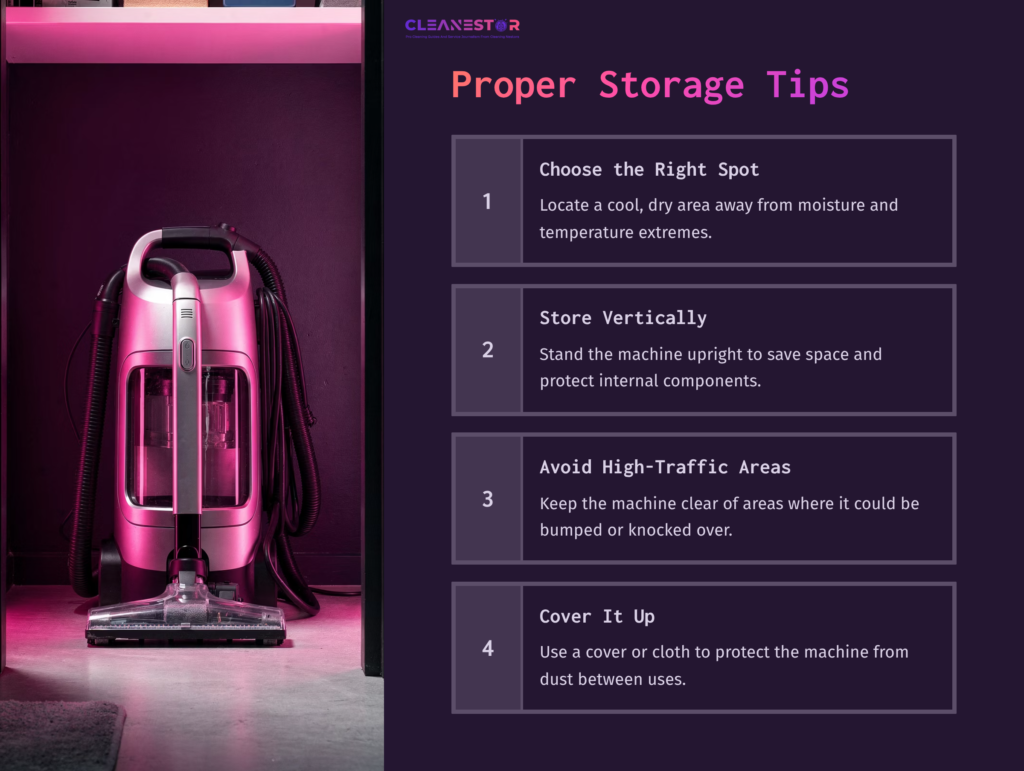 Bissell Big Green Machine In A Cool-Toned Space With Text Outlining Proper Storage Tips: Choose Location, Store Vertically, Avoid Congestion, Cover.