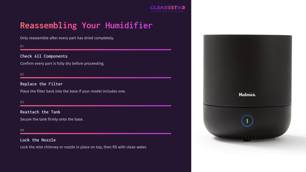 Black Holmes Cool Mist Humidifier With A Blue Power Button, Next To Steps For Reassembly On A Purple Background.