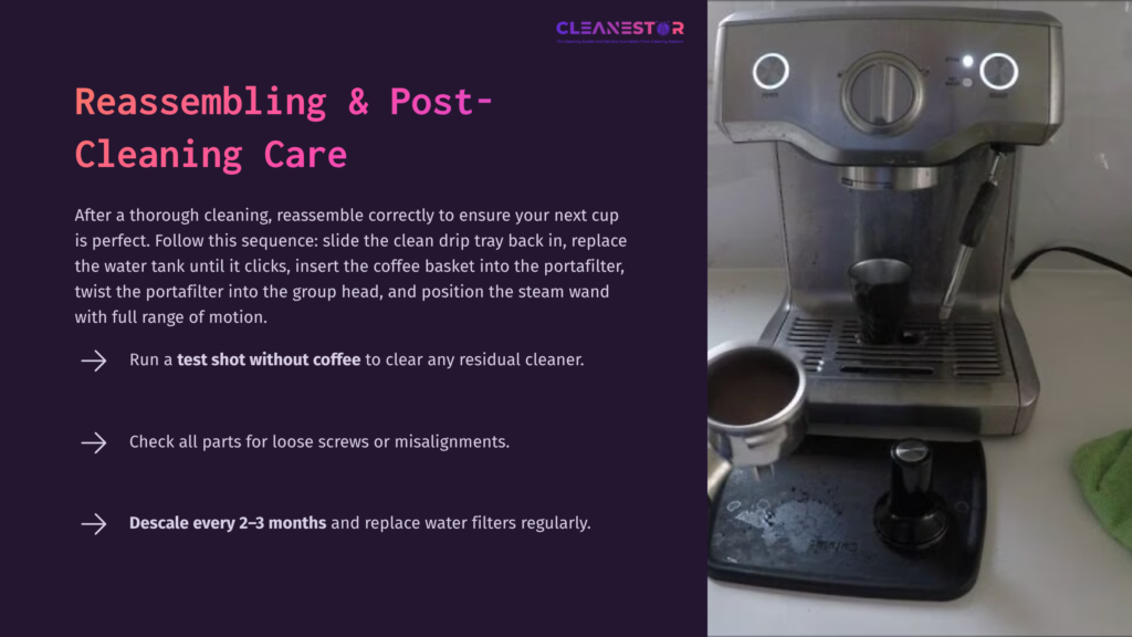 A Breville Coffee Machine With A Steam Wand, Featuring Controls And A Coffee Drip Tray. A Checklist Of Cleaning Steps Is On The Side.
