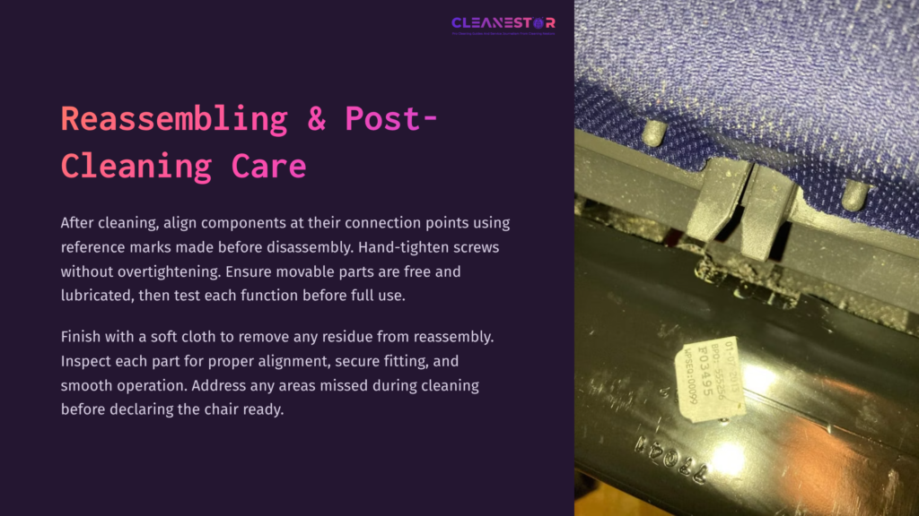 8 Reassembling And Post Cleaning Care Close-Up Of A Disassembled Chair Component With Visible Screws, A Label, And A Textured Blue Background, Emphasizing Maintenance Instructions.