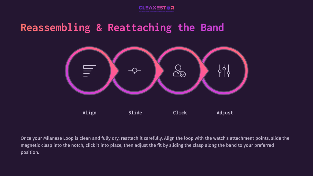 Illustration Showing Steps To Reattach A Milanese Loop Band: Align, Slide, Click, And Adjust With Icons In A Circular Layout On A Dark Background.