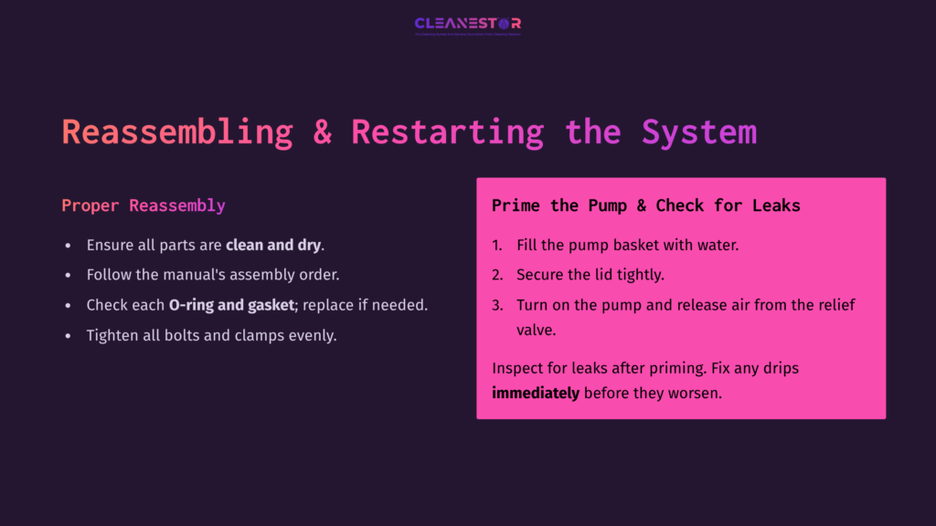 Text On A Dark Purple Background Detailing Proper Reassembly And Restart Steps For A Carvin Pool Filter, With Pink Highlights For Emphasis.