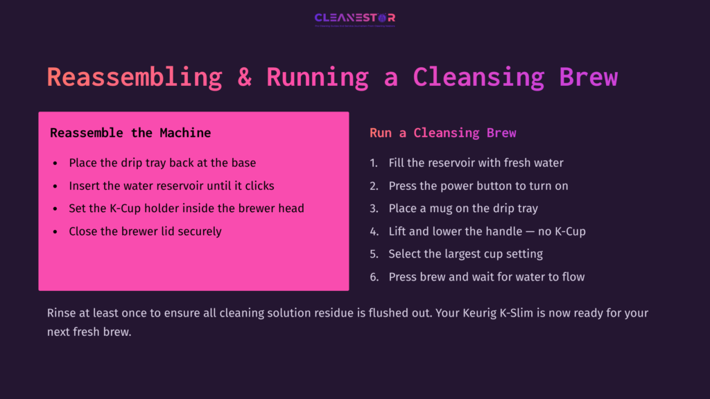 Instructions For Reassembling A Keurig K-Slim And Running A Cleansing Brew, With Purple And Pink Text On A Dark Background.