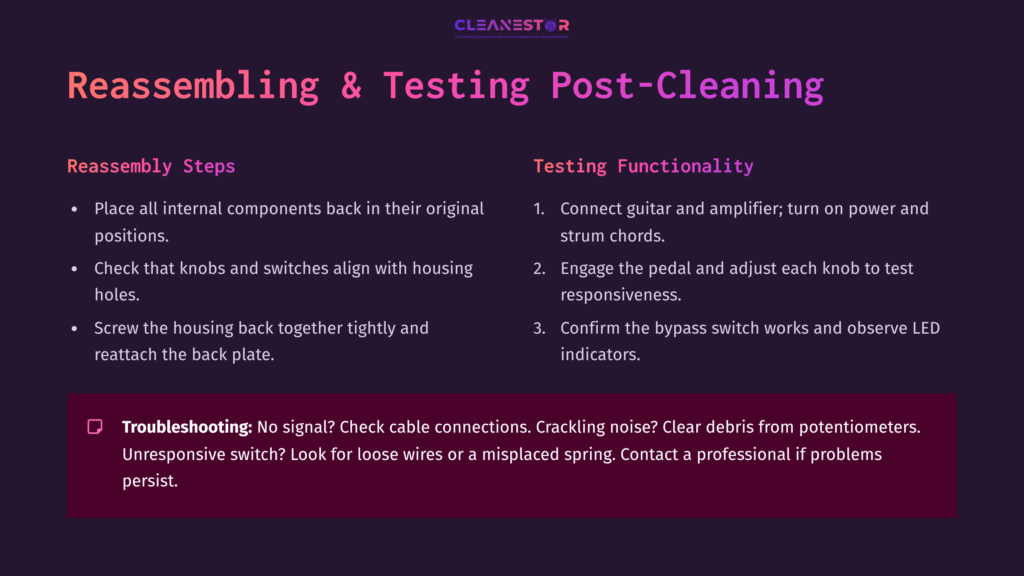 Diagram With Bold Headings On Reassembling And Testing Guitar Pedals, Featuring Troubleshooting Tips, In A Purple And White Layout.