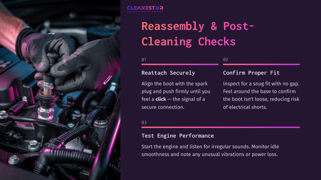 Hands Reattach A Spark Plug Boot, With A Focus On The Shiny Engine Components Beneath. The Background Features A Dark Engine Bay.