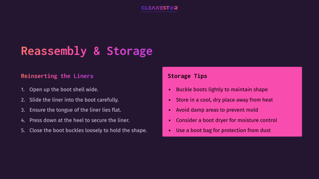 Instructions For Reassembling And Storing Ski Boot Liners, Featuring Bullet Points In Pink On A Dark Background.