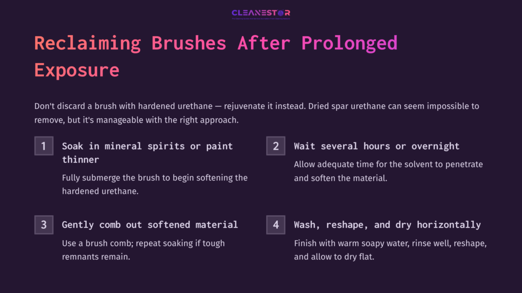 Step-By-Step Instructions With Purple And Black Background, Detailing Brush Cleaning Methods Using Mineral Spirits, Patience, And Soap.