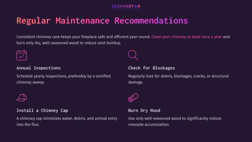 8 Regular Maintenance Recommendations Infographic With Purple Background Listing Chimney Maintenance Tips: Annual Inspections, Check For Blockages, Install A Chimney Cap, And Use Dry Wood.