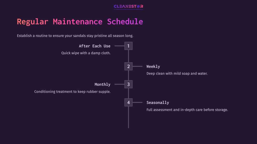 Purple Background With White And Pink Text Detailing A Maintenance Schedule For Cleaning Gucci Rubber Sandals, Numbered 1 To 4.