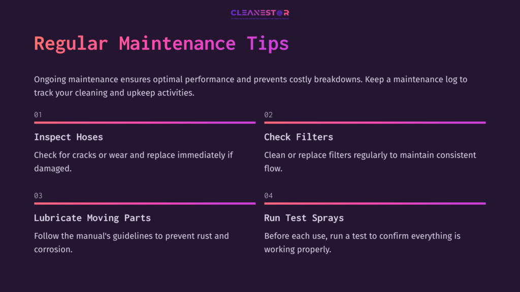 8 Regular Maintenance Tips Purple Background With White Text Displaying Maintenance Tips For A Graco 360 Paint Sprayer, Including Inspecting Hoses, Checking Filters, Lubricating Parts, And Running Test Sprays.