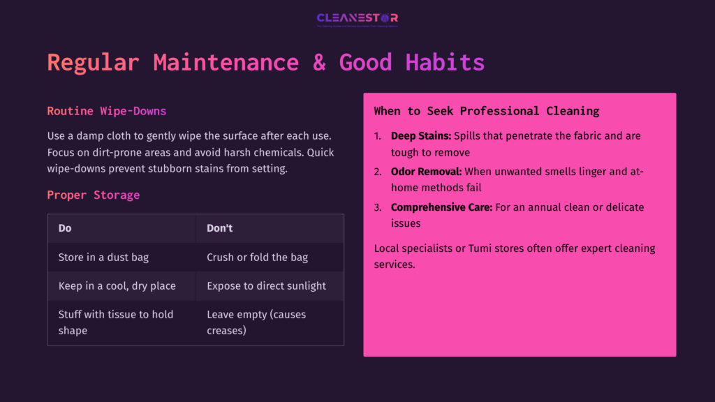 Graphic Featuring Cleaning Tips For Tumi Nylon Bags. Background In Purple With White Text Outlining Do'S And Don'Ts For Maintenance.