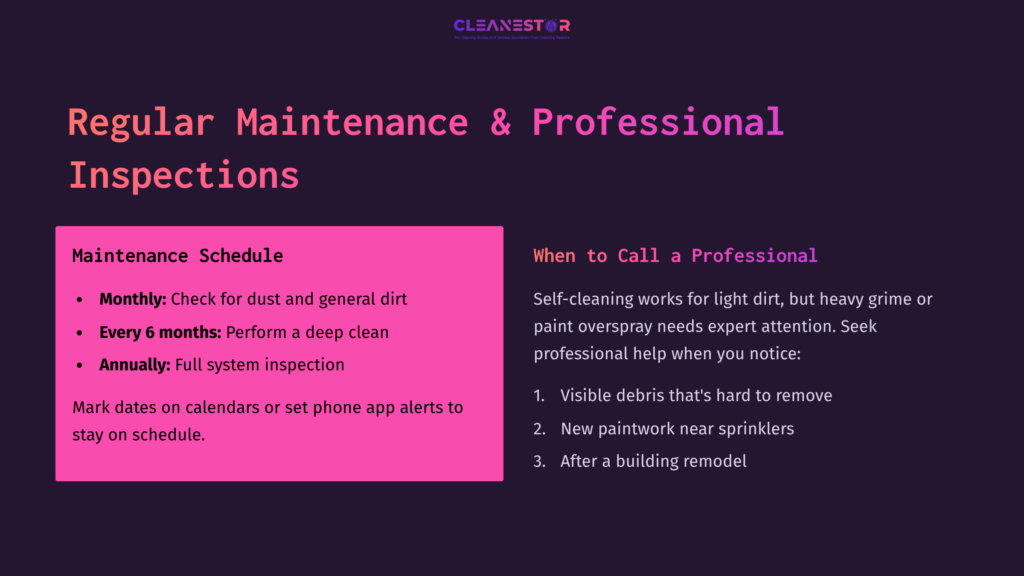 Text On A Dark Blue And Purple Background Lists Maintenance Tips For Fire Sprinkler Heads, Including A Schedule And Signs To Call A Professional.