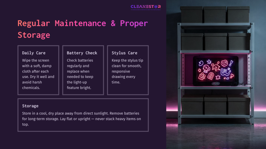 A Well-Lit Storage Area Featuring A Crayola Light-Up Board With Colorful Designs, Accompanied By Maintenance Tips In Bold Text.