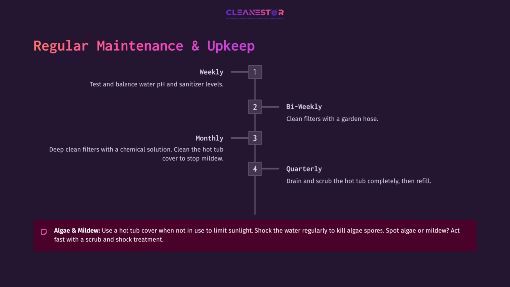 Colorful Infographic Detailing Hot Tub Maintenance Schedules: Weekly, Bi-Weekly, Monthly, And Quarterly Tasks On A Dark Background.