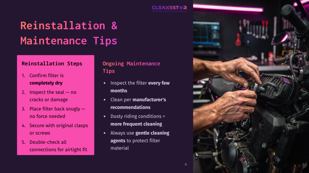 Hands Inspecting A Motorcycle Air Filter, With Vibrant Pink And Purple Text Providing Maintenance Tips On A Dark Background.