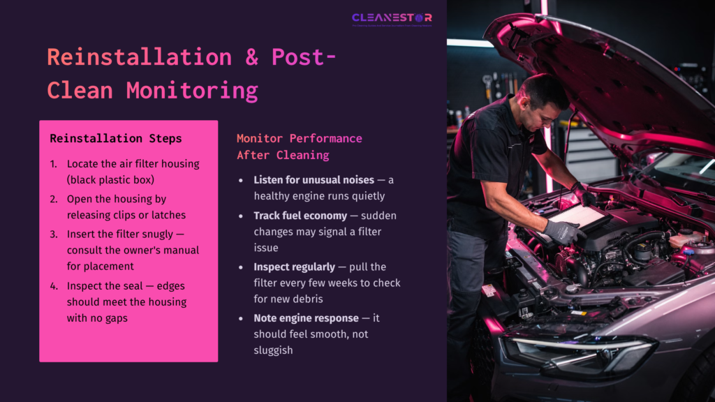 8 Reinstallation And Post Clean Monitoring A Mechanic Inspects A Car Engine Under A Raised Hood, With A Purple Sidebar Outlining Steps For Reinstalling And Monitoring A Reusable Air Filter.
