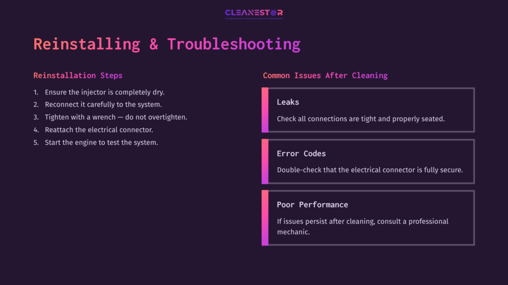 8 Reinstalling And Troubleshooting Text On A Dark Purple Background Outlining Steps For Reinstalling An Adblue Injector, Including Troubleshooting Common Issues Like Leaks And Error Codes.